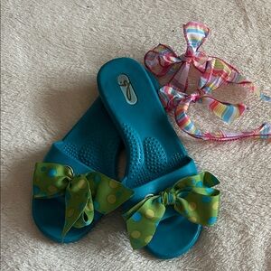 OkaB Slide Sandals with Green Polka Dot and Pastel Bow Sets